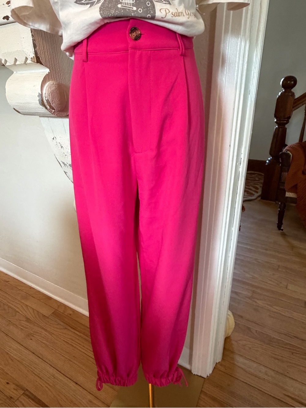 Hot Pink High-Waist Drawstring Hem Dress Pants
